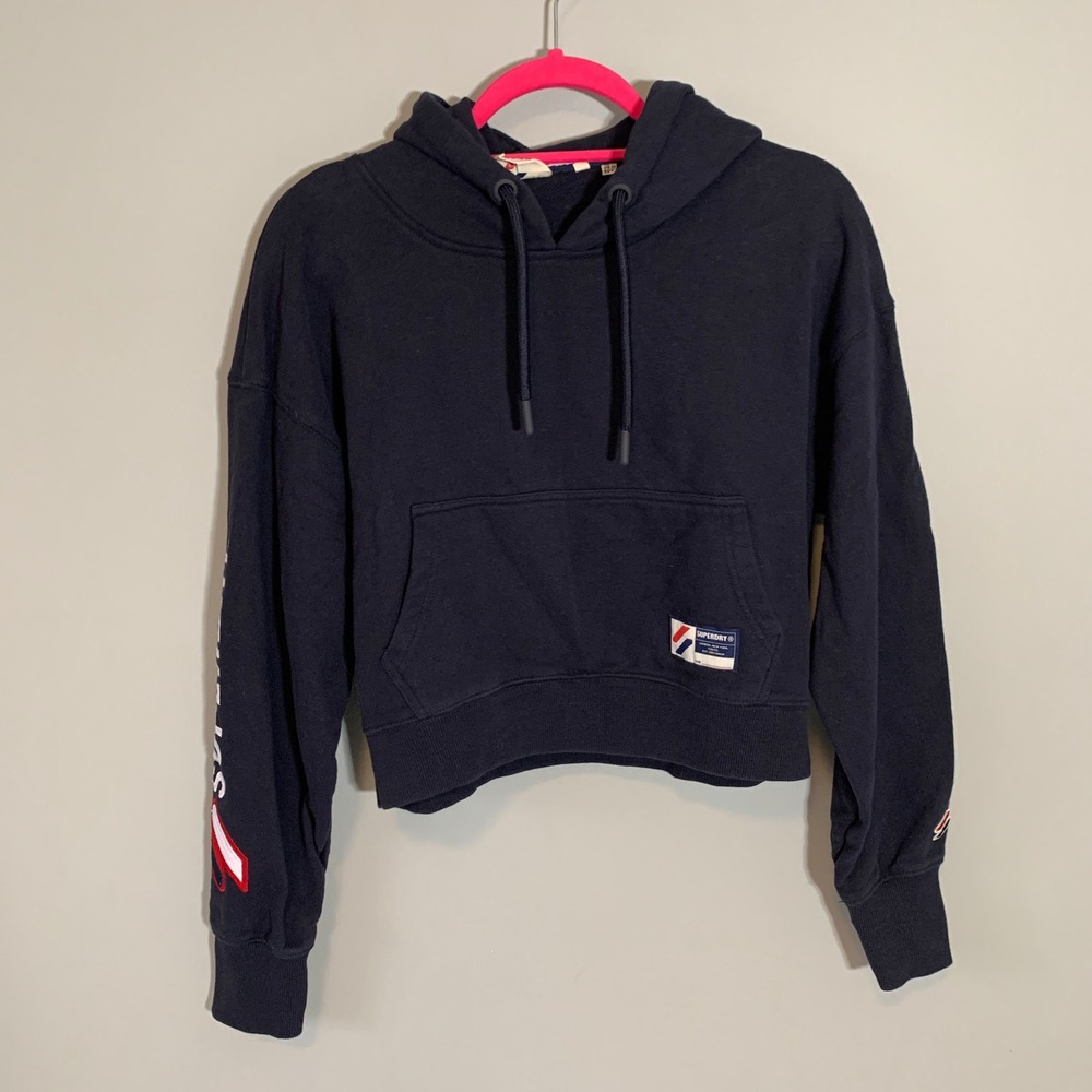 Superdry Navy Cropped Fitted Hoodie Athletic Logo Sleeve Pullover Women Small‎